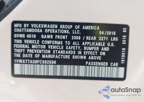 2015 Volkswagen Passat 1.8T Limited Edition from USA, damaged, VIN 1VWAT7A39FC092596